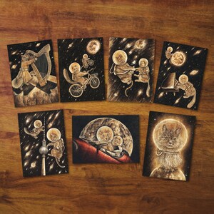 Ensemble de cartes postales de chat "Cosmocats" - Cadeau, Carte, Ensemble de cartes, Art, Dessin, Chat de l'espace, Chat mignon, Courrier postal, Correspondant, Chats dans l'espace, Cosmos