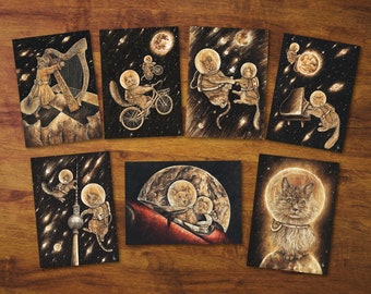 Cat Postcard Set &quot;Cosmocats&quot; - Gift, Card, Card Set, Art, Drawing, Space Cat, Cute Cat, Snail Mail, Penpal, Cats in Space, Cosmos