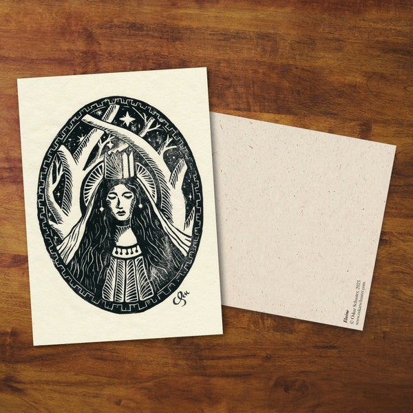 Postcard "Elaine" - Gift, Card, Linocut, Linoprint, Woman, Queen, Art Nouveau, Postcard Art, Princess, Portrait, Illustration