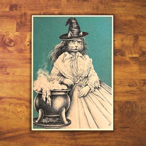 Firmado A5 Print &quot;Cat Witch&quot; - Regalo, Impresión, Arte, Dibujo, Halloween, Bruja, Gato lindo, Decoración, Espeluznante