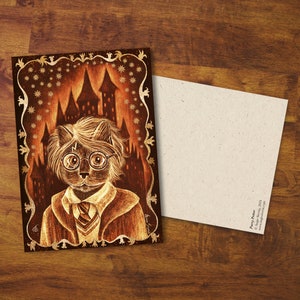 Postkarte "Purry Potter" - Geschenk, Karte, Zauberer, Magie, Lustige Karte, Haustier, Katzen, Illustration, Katzenkarte