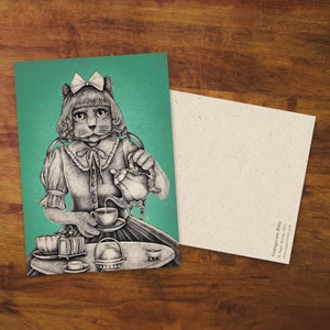 Carte postale chat « Cottagecore Kitty » - Cadeau, Art, Dessin, Carte, Mignon, Courrier escargot, Correspondant, Cate Mignon, Chat de thé, Bouilloire, Style Rétro