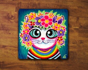 Original Painting "Flower Wreath Cat VI" | Acrylic on wood 10x10cm / ~ 4x4 inches | Cat lover gift, wall decoration, colorful, decorative