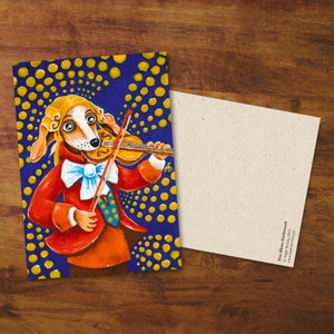 Carte postale « Eine Kleine Nachtmusik » - Cadeau, Carte, Violon, Carte mignonne, Dessin, Chien, Courrier escargot, Art de la carte postale, Musicien, Portrait, Illustration