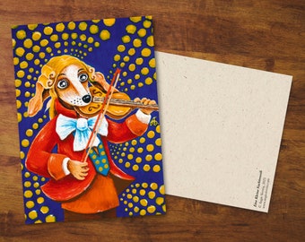 Postcard "Eine Kleine Nachtmusik" - Gift, Card, Violin, Cute Card, Drawing, Dog, Snail Mail, Postcard Art, Musician, Portrait, Illustration