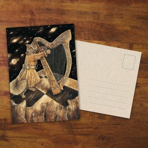 Cartolina gatto "Gatto Arpa" - Regalo, Biglietto, Arte, Gatto carino, Disegno, Musica, Posta lumaca, Cartolina gatto, Musicista, Concerto, Spazio, Cosmo, Stelle, Eco