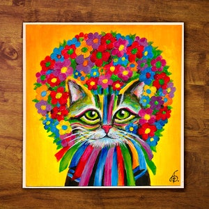 Peinture originale « Flower Wreath Cat IV » | Acrylique sur carton 15x15cm / ~ 6x6 pouces | Cadeau amoureux des chats, décoration murale, colorée, déco