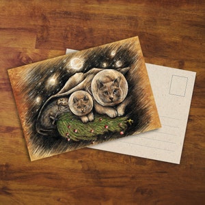 Postkarte "Christmas Cats" - Geschenk, Weihnachtskarte, Weihnachtlich, Grußkarte, Katze, Zeichnung, Kunst, Originalzeichnung, Künstler