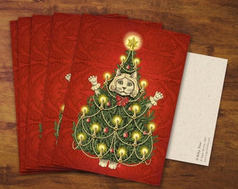 Cat Christmas Greeting Card Pack 5x "O Kitty Tree" - Gift, Christmas Card, Cat, Snail Mail, Stationery, Holiday Season, Postcard