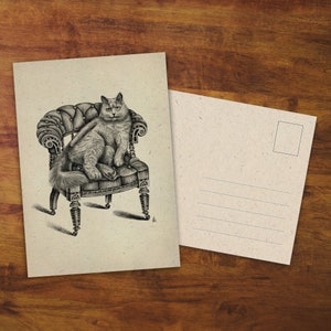Carte postale de chat « Chat sur une chaise » - cadeau, art, carte de voeux, dessin, chat mignon, style rétro, dessin au crayon, courrier postal, correspondant, mignon