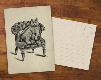 Kat ansichtkaart "Kat op een stoel" - cadeau, kunst, wenskaart, tekening, schattige kat, retro stijl, potloodtekening, slakkenpost, penvriend, schattig
