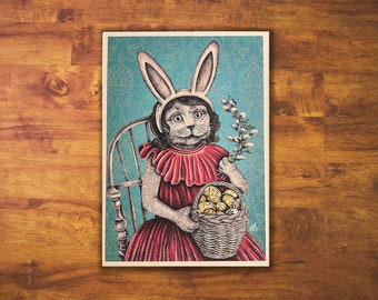 Gesigneerde A5 Print "Easter Kitty" - Cadeau, Print, Kunst, Tekening, Pasen, Paaskat, Schattige Kat, Decor