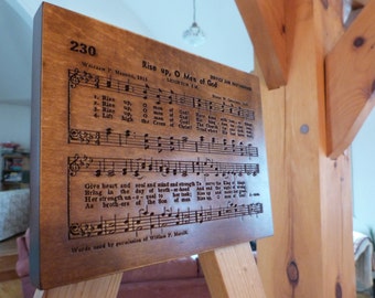 Rise Up, O Men of God hymn carving on Maple wood