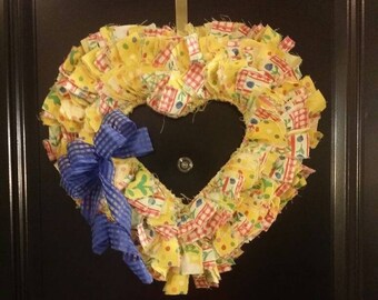 Rag Wreath farmhouse spring vintage fabric yellow blue white country