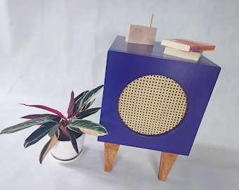 Boho bedside table, Rattan nightstand, Bedside table rattan, Blue nightstand, Handmade side table, Plywood bedside table, Bedside cabinet