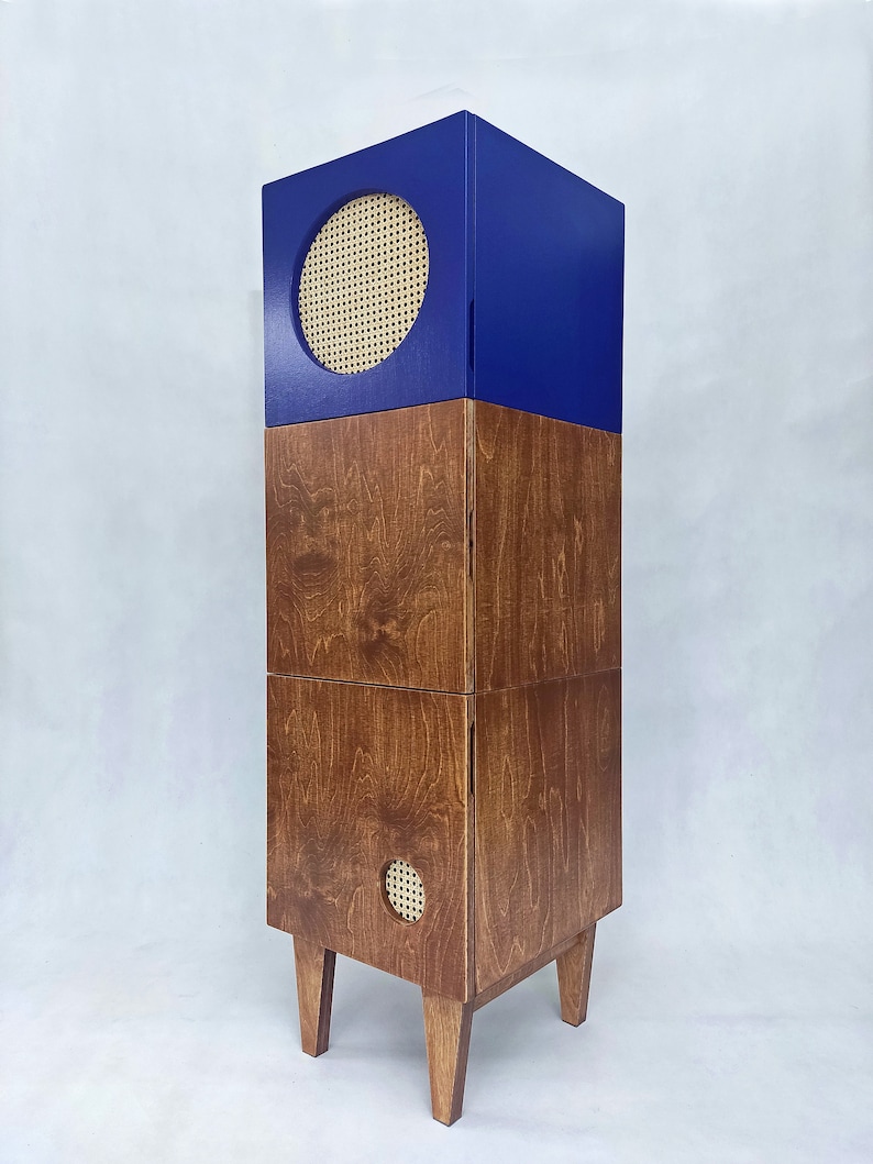 Tall cabinet with doors, Plywood storage cabinet, Rattan cabinet storage, Blue highboard, Boho furniture, Mid-century tall cabinet image 2