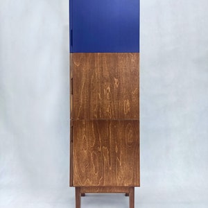 Tall cabinet with doors, Plywood storage cabinet, Rattan cabinet storage, Blue highboard, Boho furniture, Mid-century tall cabinet image 3