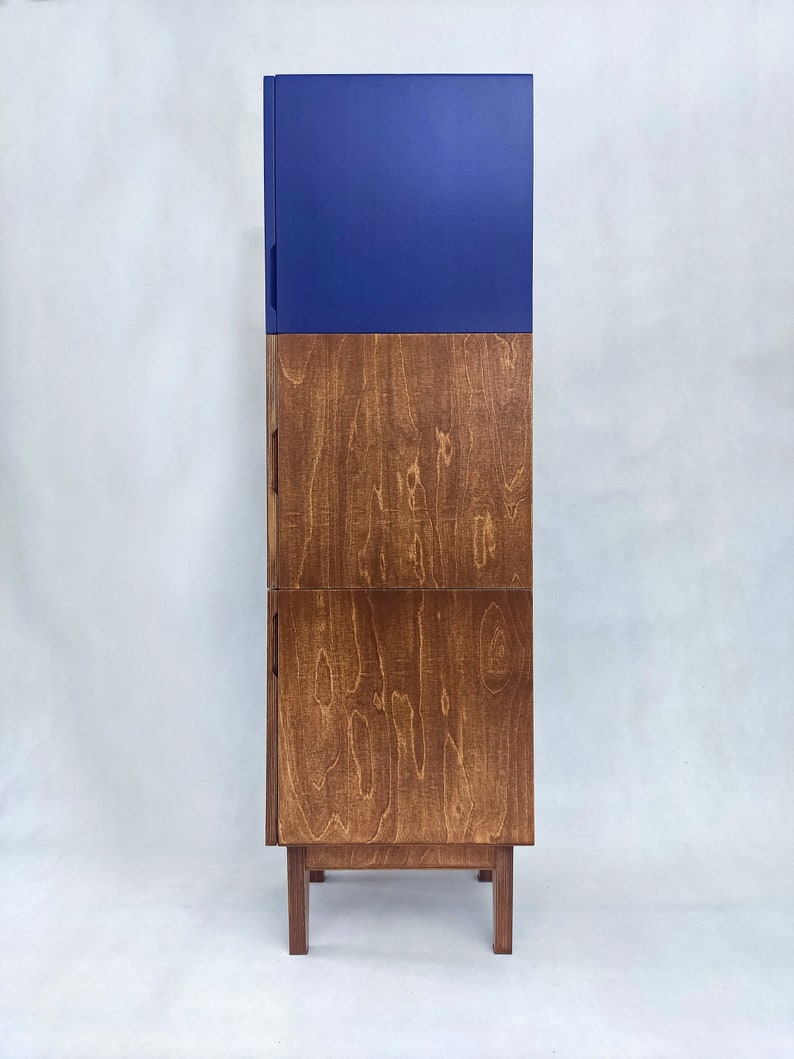 Tall cabinet with doors, Plywood storage cabinet, Rattan cabinet storage, Blue highboard, Boho furniture, Mid-century tall cabinet image 3