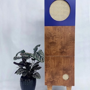 Tall cabinet with doors, Plywood storage cabinet, Rattan cabinet storage, Blue highboard, Boho furniture, Mid-century tall cabinet image 1