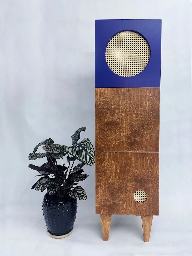 Tall cabinet with doors, Plywood storage cabinet, Rattan cabinet storage, Blue highboard, Boho furniture, Mid-century tall cabinet image 1