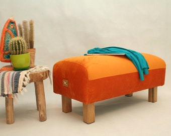 Style Orange Ottoman, Upholstered Ottoman, Mexican Style, Upholestered Bench, Pouf Ottoman, Entryway bench, Seat, Furniture, Chair