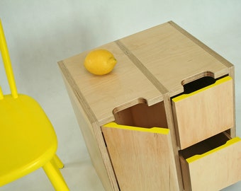 Table de chevet, petite table de chevet, meubles de chambre à coucher, armoire en contreplaqué avec tiroir, table de chevet finition jaune, table basse, organiseur de table de bout