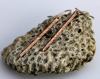 Oxidized Hammered Copper Stick Earrings, Sterling Silver Hooks