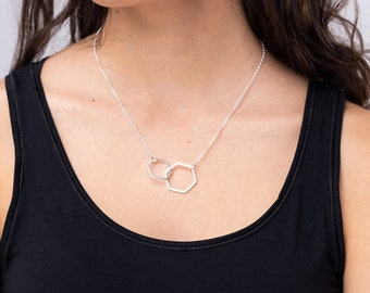 Interlinked hexagon necklace, silver hexagon necklace, double hexagon necklace, anniversary gift for her, contemporary silver necklace, uk