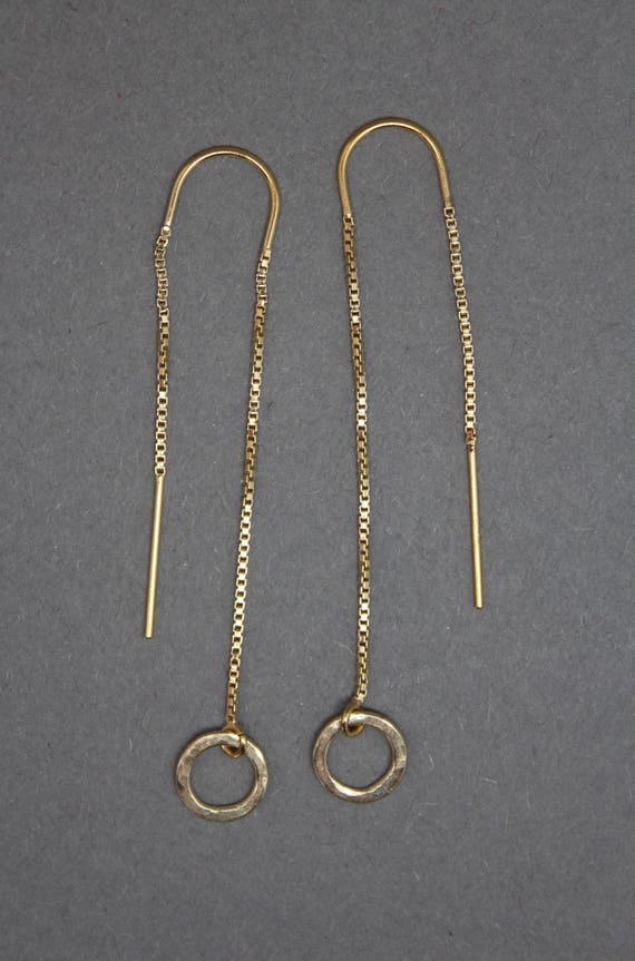 Items similar to gold thread earrings, hammered gold threader earrings