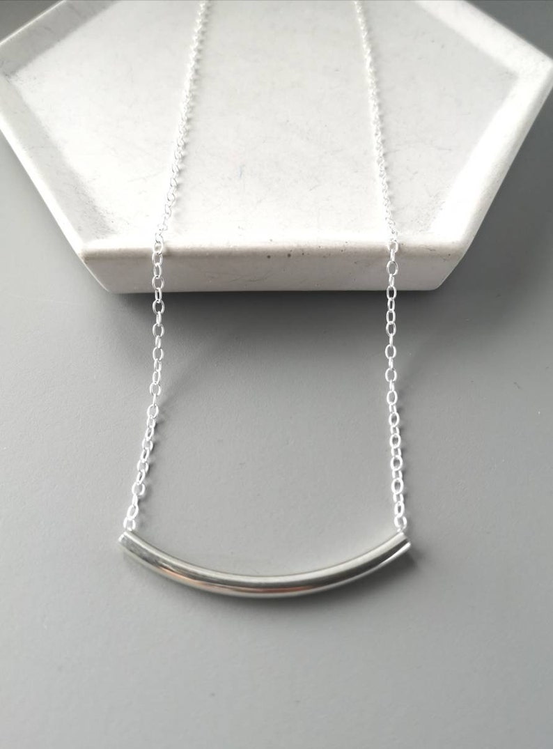 Silver curved tube necklace/silver curved bar necklace/sterling silver tube bar necklace/layering necklace/minimalist necklace/gift for her/ image 2