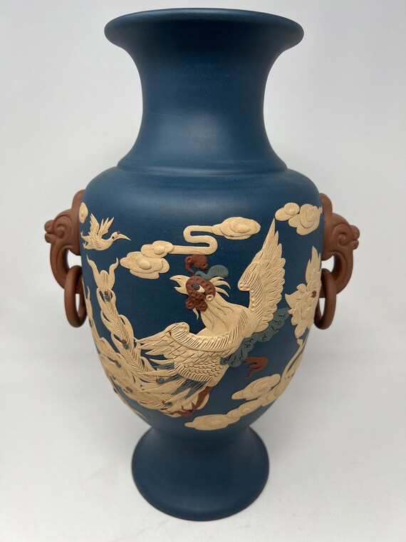 値下げ***古い宜興紫砂陶器彫刻龍鶏ブルーマット花瓶 高さ15インチ