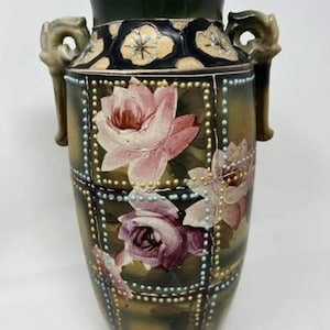 Antique Nippon Moriage 12” Vase w/ Hand Painted Pink Roses Double Handles Green