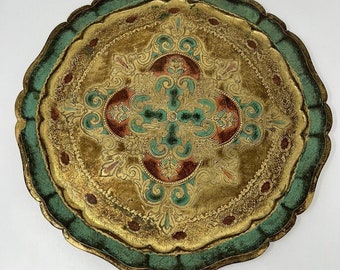 Rundes italienisches Florentiner-Tablett im Vintage-Stil aus der Mitte des Jahrhunderts in Grün und Gold, 16 Zoll D, Italien