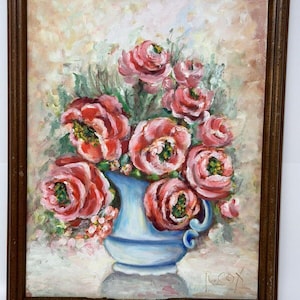 Robert Cox (1934-2001) Pink Red Floral In Pitcher Still Life OIL PAINTING CANVAS