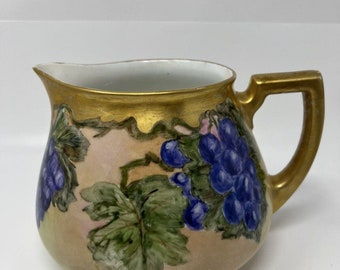 Pichet à cidre antique H&C SELB BAVARIA en porcelaine avec détails dorés, raisins peints à la main