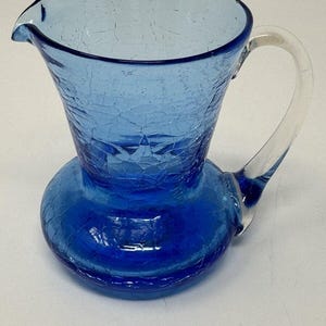 Vintage Small Handblown Cobalt Blue Cracked Glass Pitcher Blenko? Pilgrim?