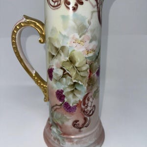 Antique D&C Limoges France Hand-Painted Large Pitcher Floral Pink Gold 11” H