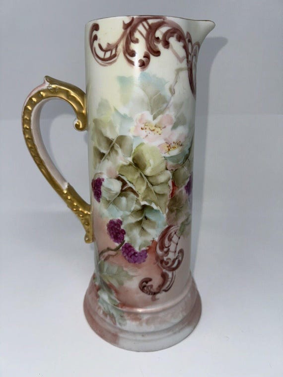Antique D&C Limoges France Hand-painted Large Pitcher Floral Pink