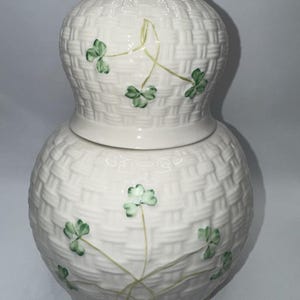 Könnte beinhalten: Eine weiße Keramikvase mit einer strukturierten Korbgeflecht-Optik und einer zweistufigen, kürbisartigen Form. Die Oberfläche ist mit handgemalten grünen Kleeblattmotiven verziert, die durch dünne, hellgrüne Stängel verbunden sind.