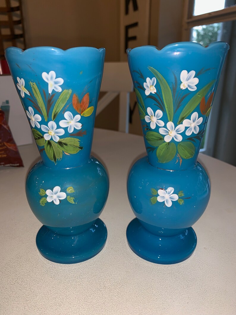ANTIQUE BRISTOL BLUE hand painted floral glass vase set of two il 794xN jxc7