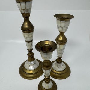 Set of 3 Vintage Candlesticks Brass W/ Inlaid Mosaic Mother of Pearl Diff Sizes