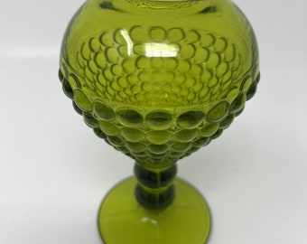 Vase boule vintage viking ancestral lierre sur pied, verre vert rare 5,75 po.