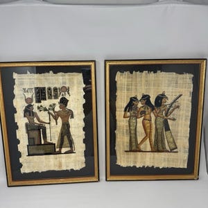Vintage Egyptian Papyrus Hand Painted Paintings Set in Gold Gilt Frame 12 X 16”