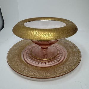ヴィンテージ ケンブリッジ ピンク ディプレッション グラス マヨネーズ セット ゴールド エッチング コンポート & プレート