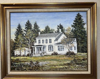 Vtg White Farmhouse Pintura al óleo Arte firmado E. Andersen Oro Enmarcado 14" X 18"