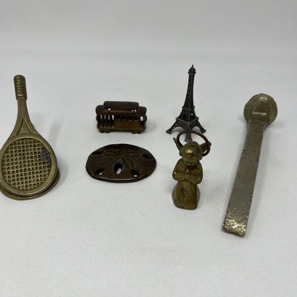 Vintage Lot Of Brass Miniatures, Tennis Racket Clip, Trolley, Sand Dollar, Railroad Nail