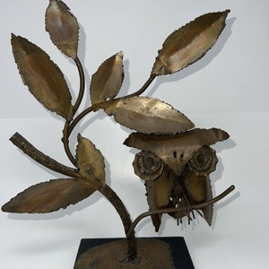 Vintage Mid Century Brutalist Owl on Branch Sculpture Metal Welded Art 13.5” H