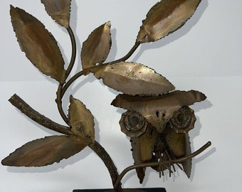 Vintage Mid Century Brutalist Owl on Branch Sculpture Metal Welded Art 13.5” H