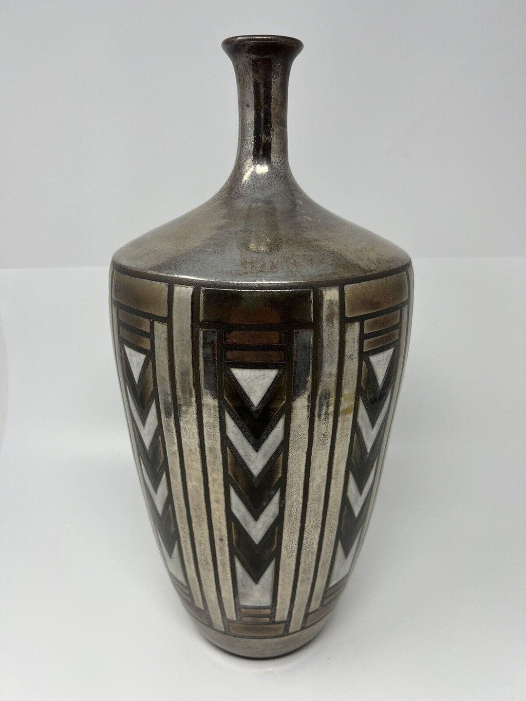Gerhold Studios Raku Glaze Pottery Vase Metallic Iridescent Geometric ...
