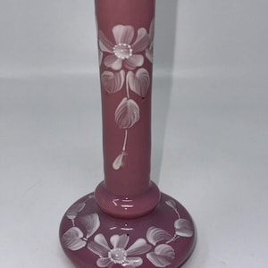 Antique Victorian Opaline Pink Glass Hand Painted White Enamel Bud Vase 6.5” H